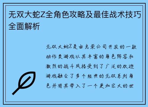 无双大蛇Z全角色攻略及最佳战术技巧全面解析