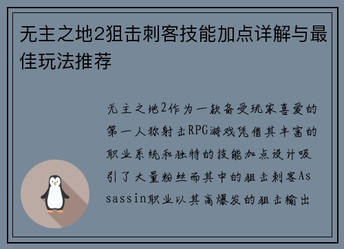 无主之地2狙击刺客技能加点详解与最佳玩法推荐